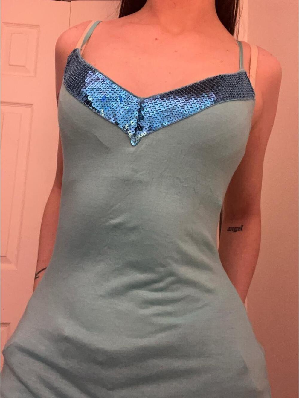 Blue sequin fitted tank top